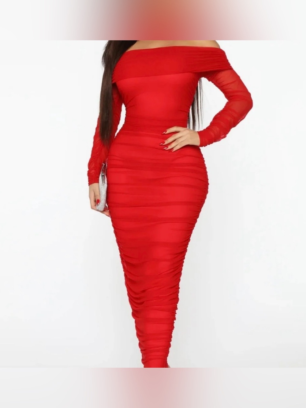 NWT Fashion Nova Off-Shoulder Red Ruched Bodycon Dress
